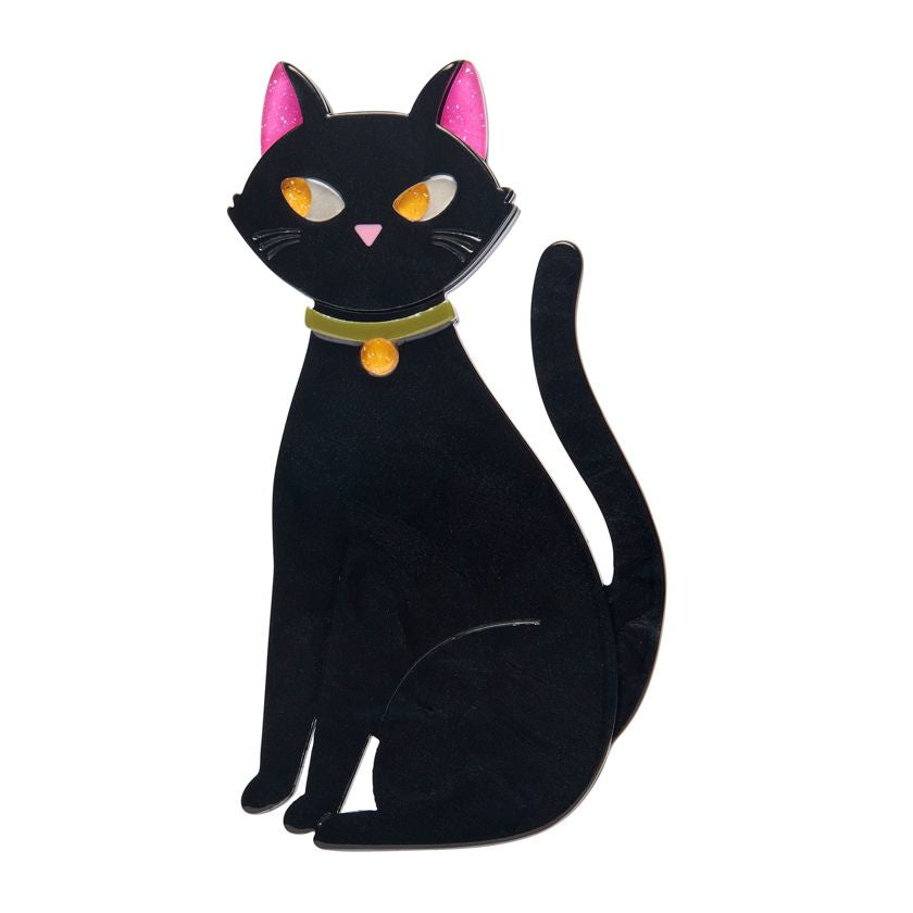 Black cat figurine with pink ears and a green collar on a white background, resin brooch by Erstwilder | Erstwilder Stockist in Newcastle, NSW at Zebra Finch Style