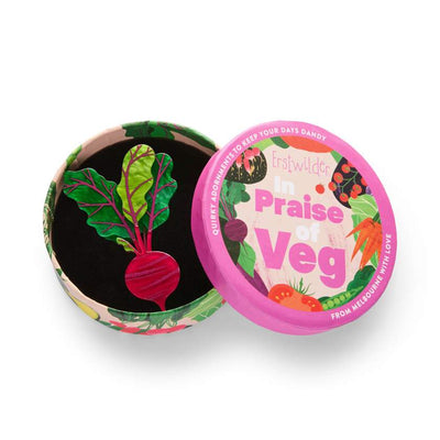 Red beetroot brooch by Erstwilder from their 2025 In Praise of Veg collection