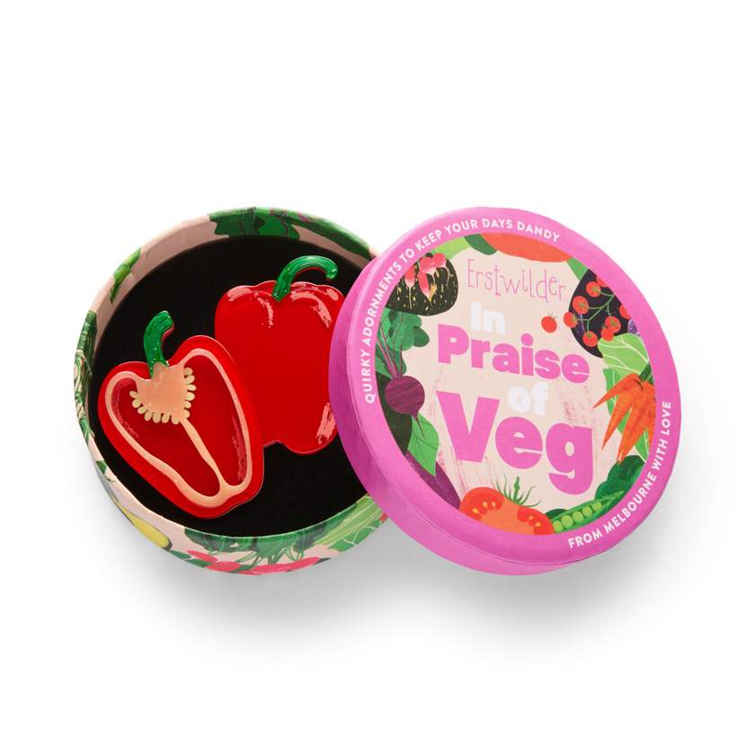 In box - Red capsicum cut in half with a white background - Erstwilder resin brooch from their In Praise of Veg Collection