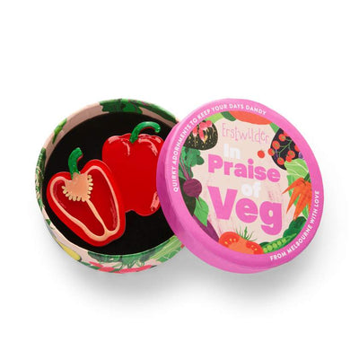 In box - Red capsicum cut in half with a white background - Erstwilder resin brooch from their In Praise of Veg Collection