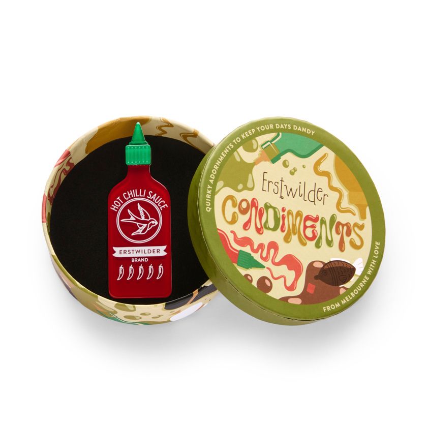 Erstwilder Chilli Sauce resin brooch from their 2025 Condiments collection