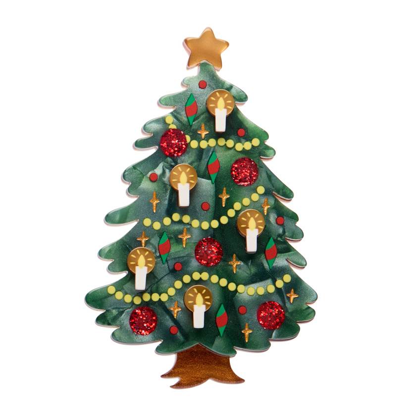 Decorative Christmas tree with ornaments on a white background | Resin brooch by Erstwilder from their 2025 Christmas collection