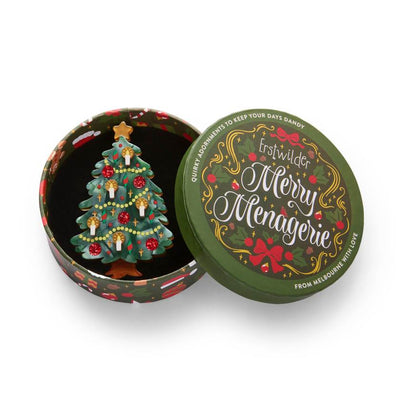 Decorative Christmas tree with ornaments on a white background | Resin brooch by Erstwilder from their 2025 Christmas collection