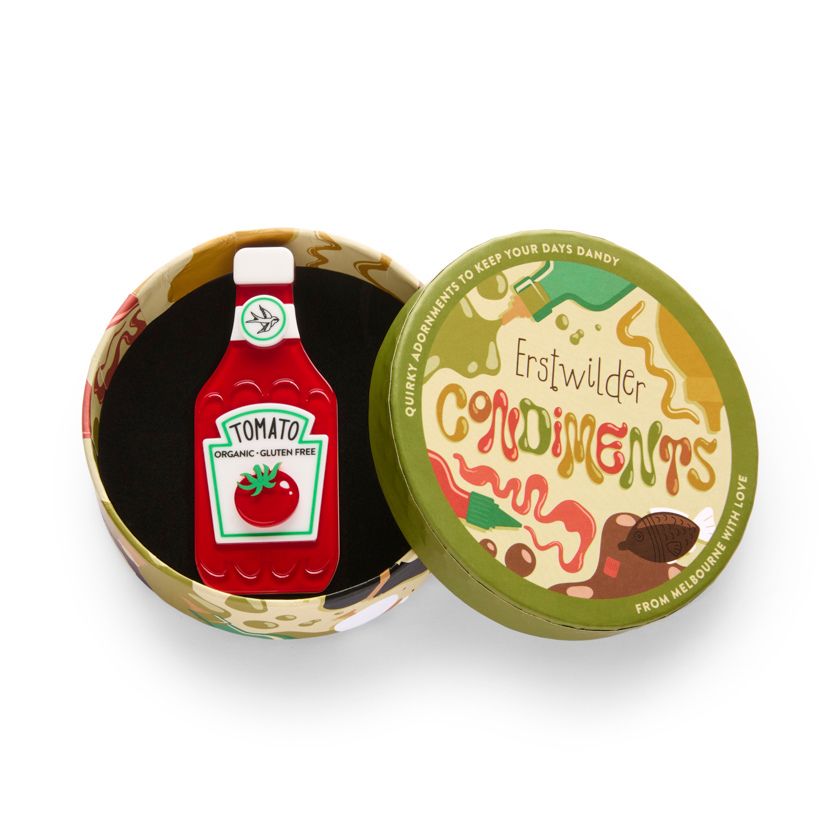 In gift box - Erstwilder Main Squeeze Brooch Tomato Sauce - from their Condiments collection