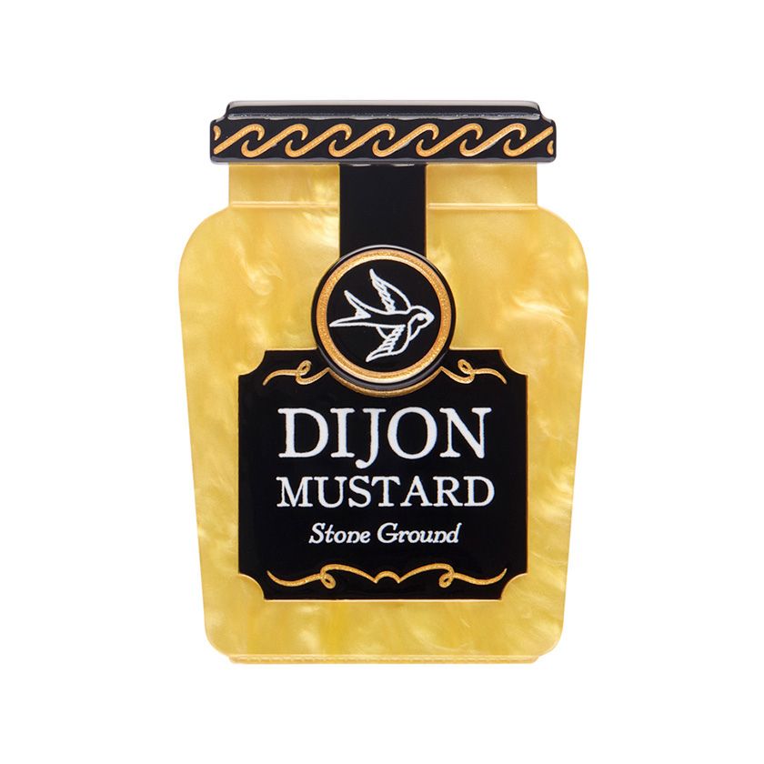 Jar of Dijon mustard with a black label on a white background - resin brooch by Erstwilder from their condiments collection