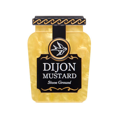 Jar of Dijon mustard with a black label on a white background - resin brooch by Erstwilder from their condiments collection