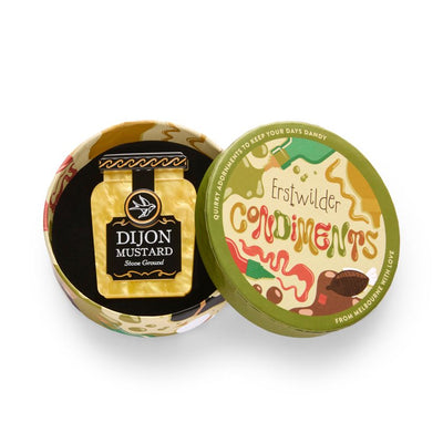Jar of Dijon mustard with a black label on a white background - resin brooch by Erstwilder from their condiments collection