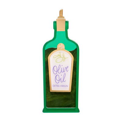 Green olive oil bottle-shaped container with a label on a white background - resin brooch by Erstwilder from their Condiments collection
