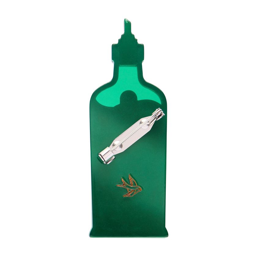 Green olive oil bottle-shaped container with a label on a white background - resin brooch by Erstwilder from their Condiments collection