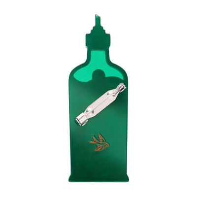 Green olive oil bottle-shaped container with a label on a white background - resin brooch by Erstwilder from their Condiments collection