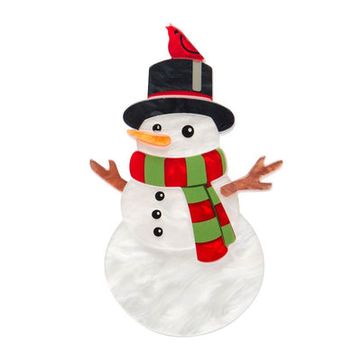 Decorative snowman with a red scarf, black top hat, and small bird on a white background | Erstwilder brooch from their 2025 Christmas collection