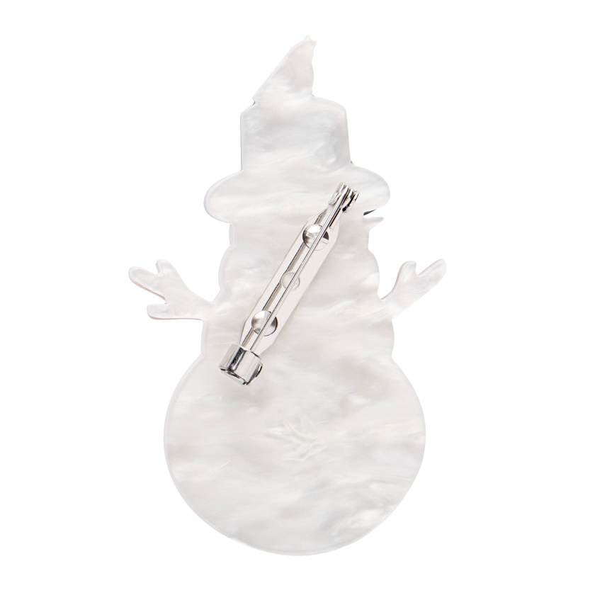 Decorative snowman with a red scarf, black top hat, and small bird on a white background | Erstwilder brooch from their 2025 Christmas collection