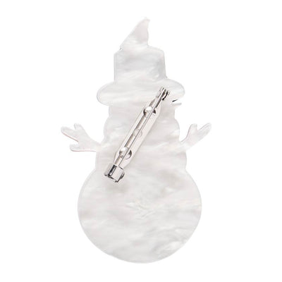 Decorative snowman with a red scarf, black top hat, and small bird on a white background | Erstwilder brooch from their 2025 Christmas collection
