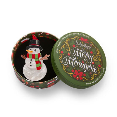 Decorative snowman with a red scarf, black top hat, and small bird on a white background | Erstwilder brooch from their 2025 Christmas collection