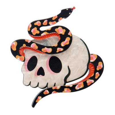 Skull with a snake on a white background. Macrabe Memento Brooch by Erstwilder from their 2025b Haunted at Heart collection | Erstwilder Stockist at Zebra Finch in Newcastle, NSW