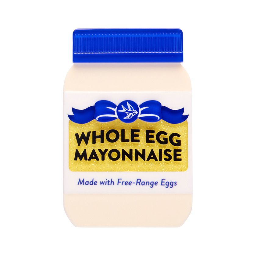 Jar of whole egg mayonnaise with a blue lid on a white background. Mayonnaise brooch by Erstwilder from their 2025 Condiments collection