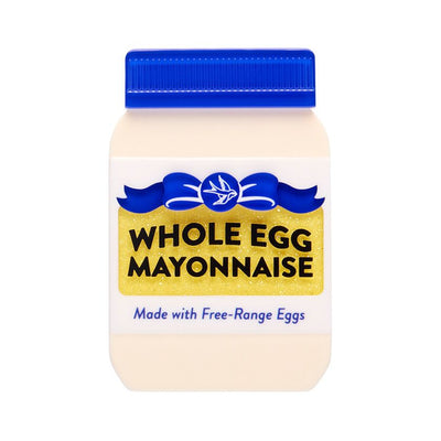 Jar of whole egg mayonnaise with a blue lid on a white background. Mayonnaise brooch by Erstwilder from their 2025 Condiments collection