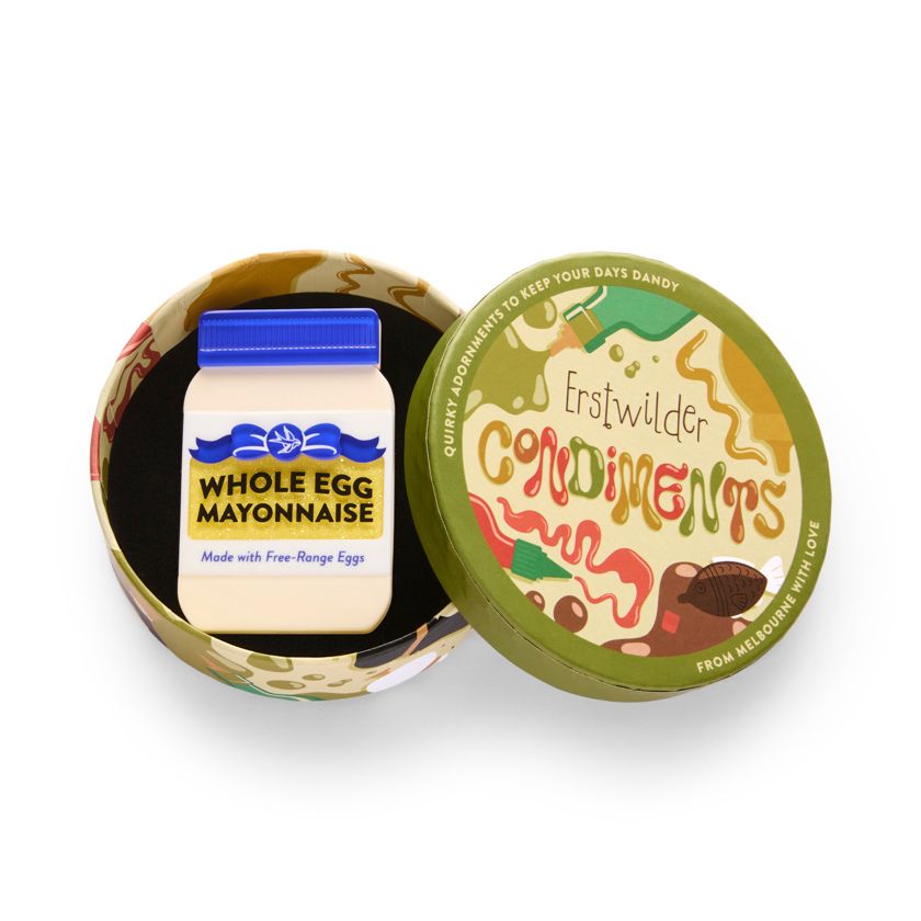 Jar of whole egg mayonnaise with a blue lid on a white background. Mayonnaise brooch by Erstwilder from their 2025 Condiments collection