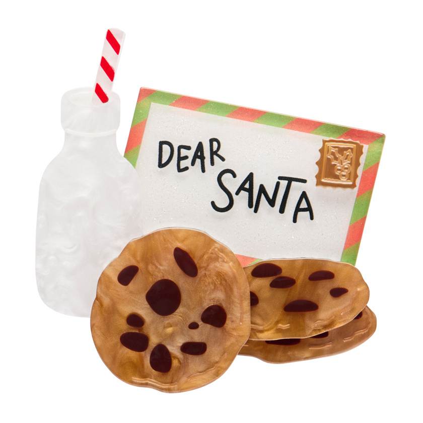 Cookie and milk brooch with 'Dear Santa' card on a white background | Erstwilder christmas brooch from their 2025 Christmas collection