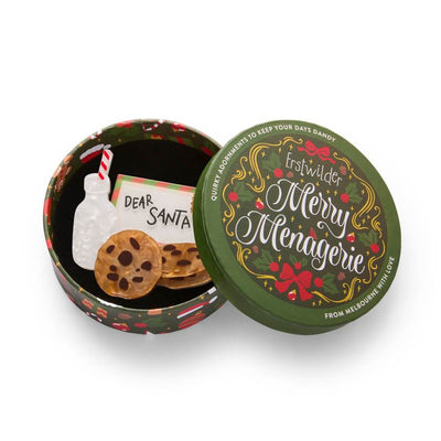 Cookie and milk brooch with 'Dear Santa' card on a white background | Erstwilder christmas brooch from their 2025 Christmas collection