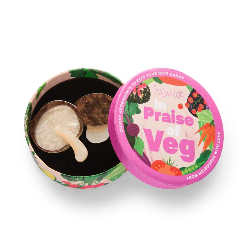 Mushroom resin brooch by Erstwilder from their 2025 In Praise of Veg collection