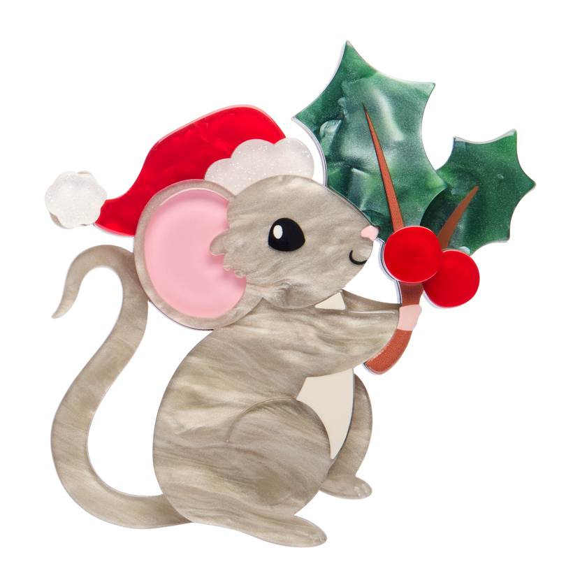 Illustration of a mouse wearing a Santa hat and holding holly leaves and berries on a white background | Resin brooch by Erstwilder from their 2025 christmas Merry Menagerie collection