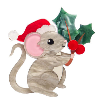 Illustration of a mouse wearing a Santa hat and holding holly leaves and berries on a white background | Resin brooch by Erstwilder from their 2025 christmas Merry Menagerie collection