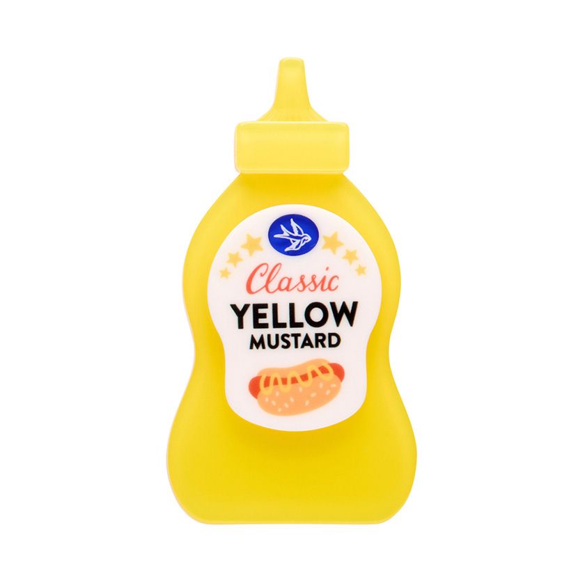 Yellow mustard bottle with a white label on a white background - Erstwilder's Mustard Moments brooch from their Condiments collection