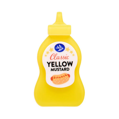 Yellow mustard bottle with a white label on a white background - Erstwilder's Mustard Moments brooch from their Condiments collection