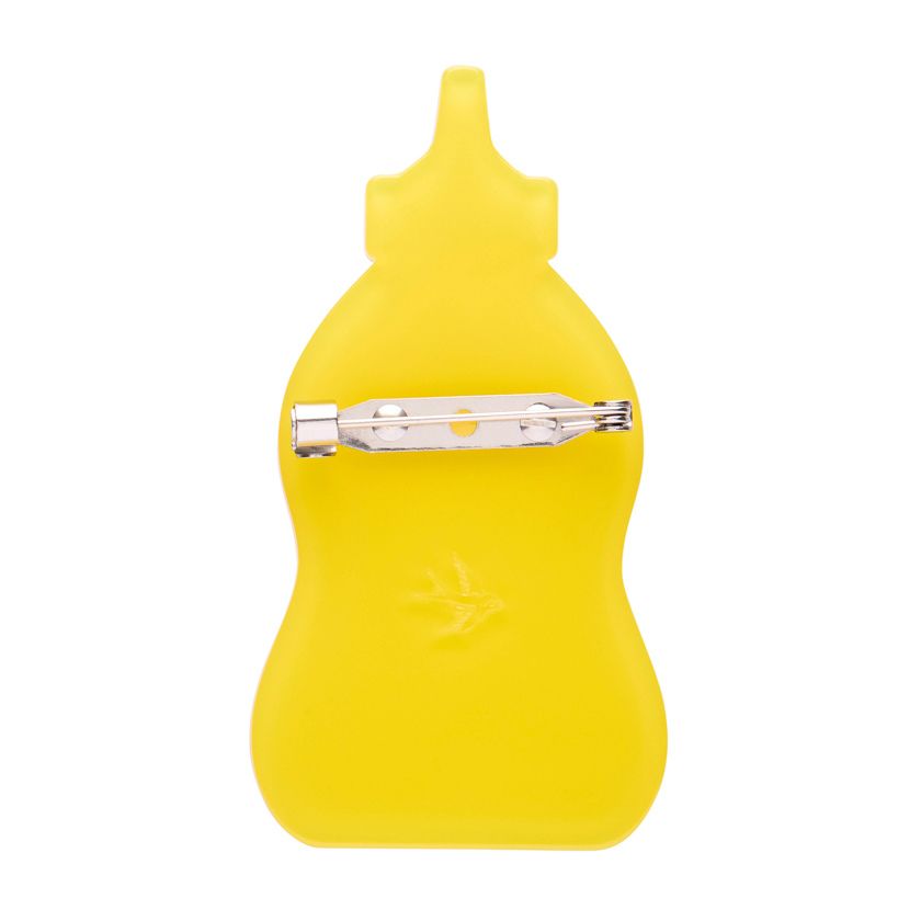 Yellow mustard bottle with a white label on a white background - Erstwilder's Mustard Moments brooch from their Condiments collection
