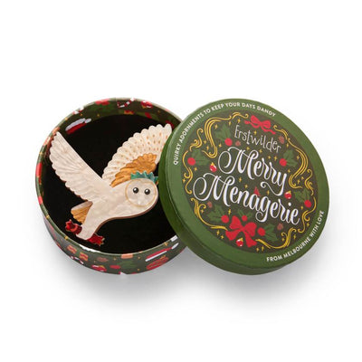 Resin brooch owl with a green hat on a white background by Erstwilder | From their 2025 Merry Menagerie collection