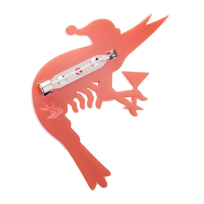 Shrimp wearing a Santa hat with a cocktail on a white background | Erstwilder brooch from their 2025 Christmas collection