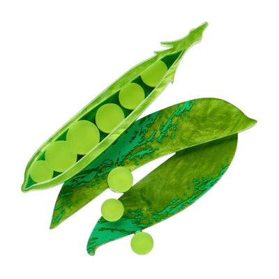 Green peas in a pod on a white background - erstwilder resin brooch from their In Praise of Veg collection