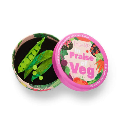 In box - Green peas in a pod on a white background - erstwilder resin brooch from their In Praise of Veg collection