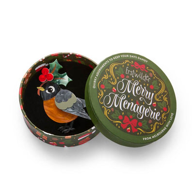 Decorative robin bird with holly leaves and berries on a white background by Erstwilder from their 2025 Christmas collection Merry Menagerie