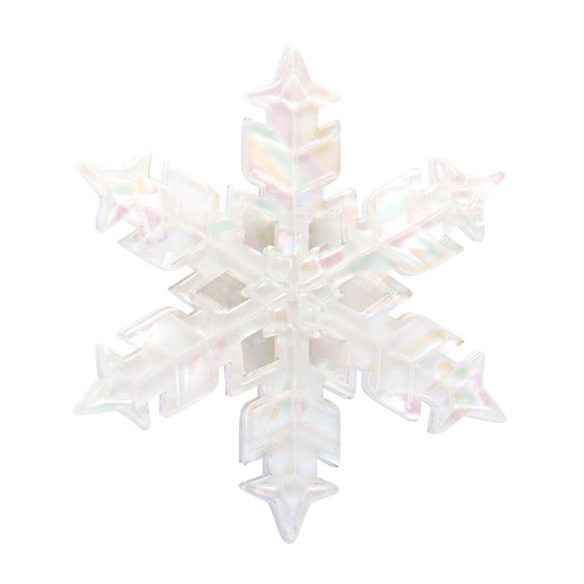 Iridescent snowflake-shaped brooch on a white background by Erstwildee
