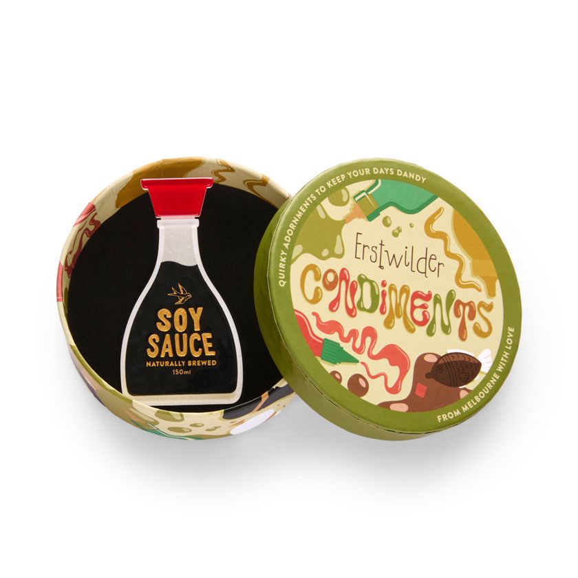 In gift box - Erstwilder's The Joy of Soy - Soy Sauce resin brooch from their Condiments collection