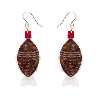 Pair of fish-shaped earrings with tortoiseshell design and red accents on a white background - Soy sauce earrings by Erstwilder from their 2025 Condiments collection