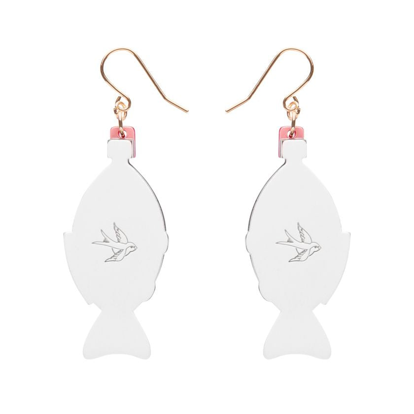 Pair of fish-shaped earrings with tortoiseshell design and red accents on a white background - Soy sauce earrings by Erstwilder from their 2025 Condiments collection