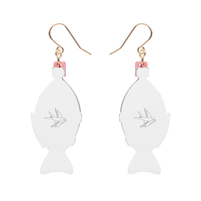 Pair of fish-shaped earrings with tortoiseshell design and red accents on a white background - Soy sauce earrings by Erstwilder from their 2025 Condiments collection