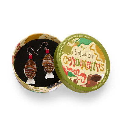 Pair of fish-shaped earrings with tortoiseshell design and red accents on a white background - Soy sauce earrings by Erstwilder from their 2025 Condiments collection