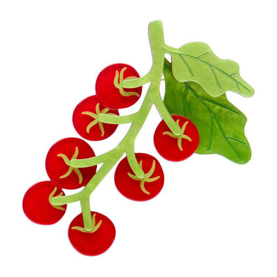 Red tomatoes on vine brooch by Erstwilder from their 2025 In Praise of Veg collection
