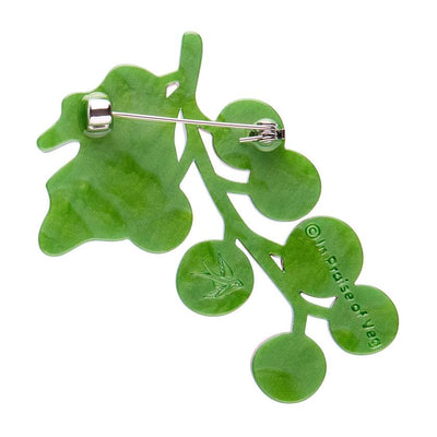 Back of Red tomatoes on vine brooch by Erstwilder from their 2025 In Praise of Veg collection