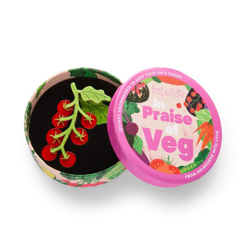 Red tomatoes on vine brooch by Erstwilder from their 2025 In Praise of Veg collection