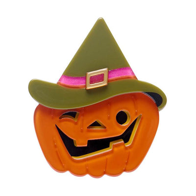 Pumpkin with witch hat and pink band on a white background - Erstwilder Witch O Lantern brooch from their 2025 Haunted at Heart Collection | Erstwilder stockist in Newcastle, NSW at Zebra Finch Style
