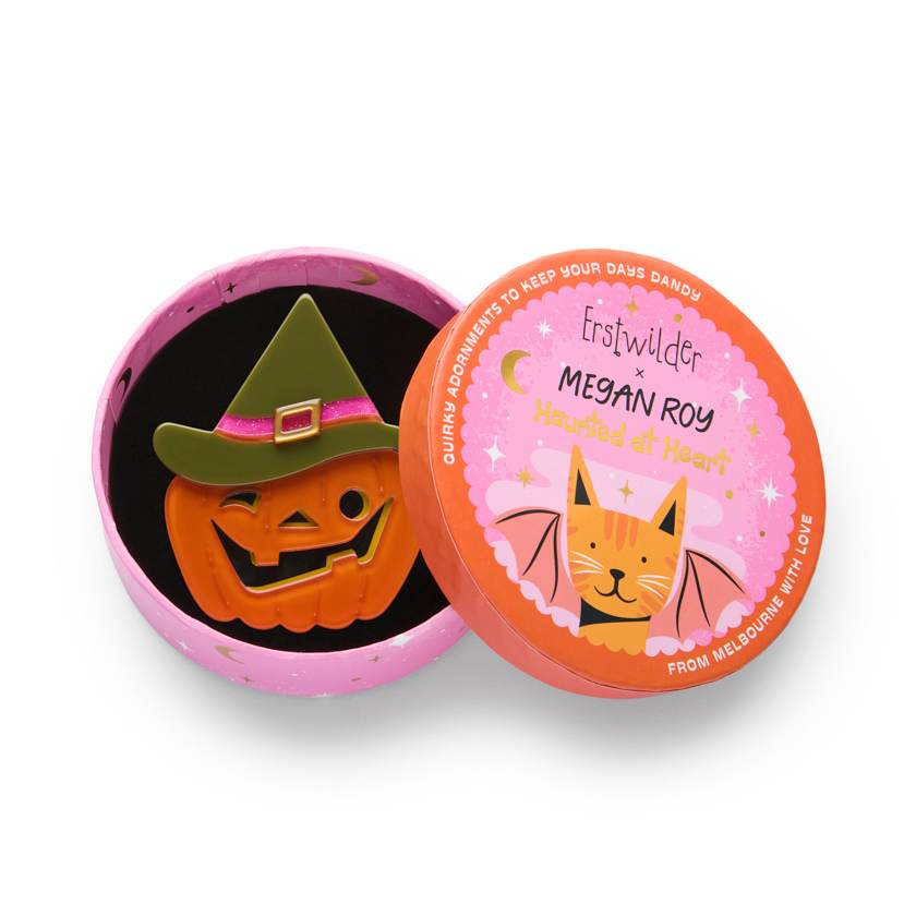 Pumpkin with witch hat and pink band on a white background - Erstwilder Witch O Lantern brooch from their 2025 Haunted at Heart Collection | Erstwilder stockist in Newcastle, NSW at Zebra Finch Style