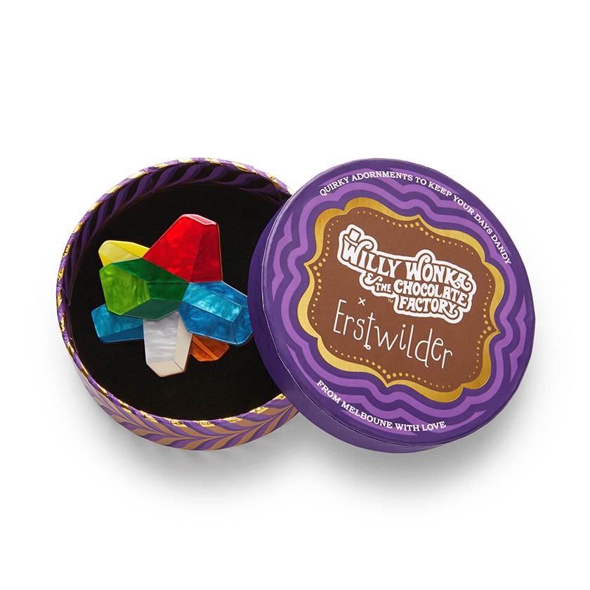 Everlasting gobstopper brooch by Erstwilder from their December 2024 Willy Wonka and The Chocolate Factory collection in gift box