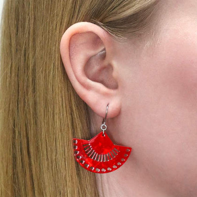 Boho Fan Essential Drop Earrings Red on model  by Erstwilder from their 2024 Frida Kahlo collection