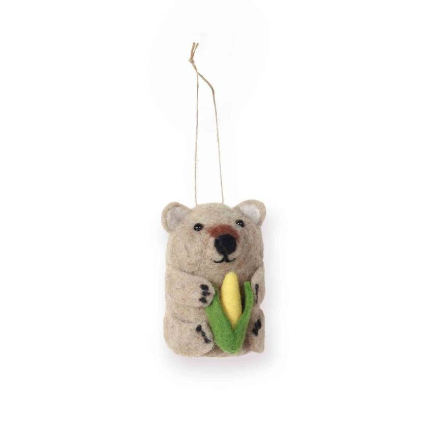 Felted bear ornament holding a corn cob on a white background by La La Land 