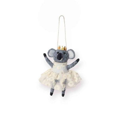 Plush felt koala toy in a white dress with a gold crown on a white background by La La Land | Christmas decoration